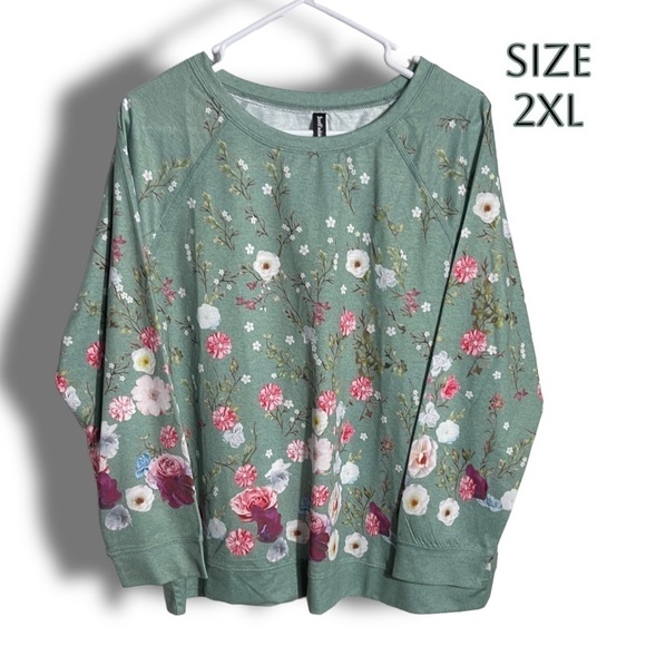 NWT Scattered Floral Spring Floral Long Sleeve Top Size 2XL Green - Picture 1 of 10